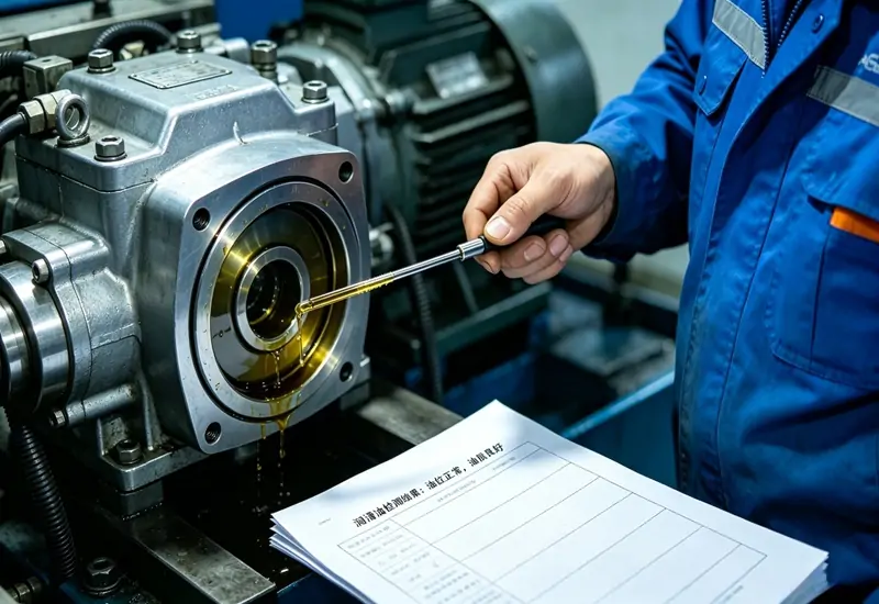 Worker checking lubricating oil condition of automatic cartoning machine, industrial equipment daily maintenance