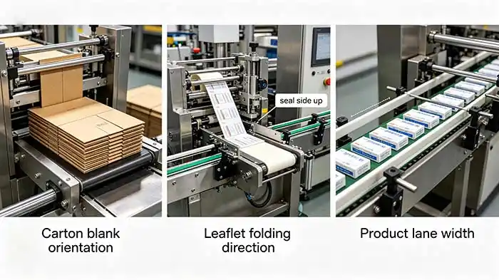 Carton blank orientation in magazine, leaflet folding direction, and product lane width adjustment on automatic cartoner