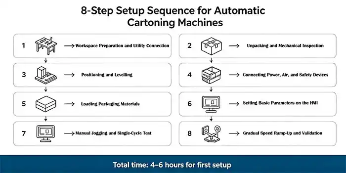 Eight-step setup sequence for automatic cartoning machine from workspace preparation to speed validation